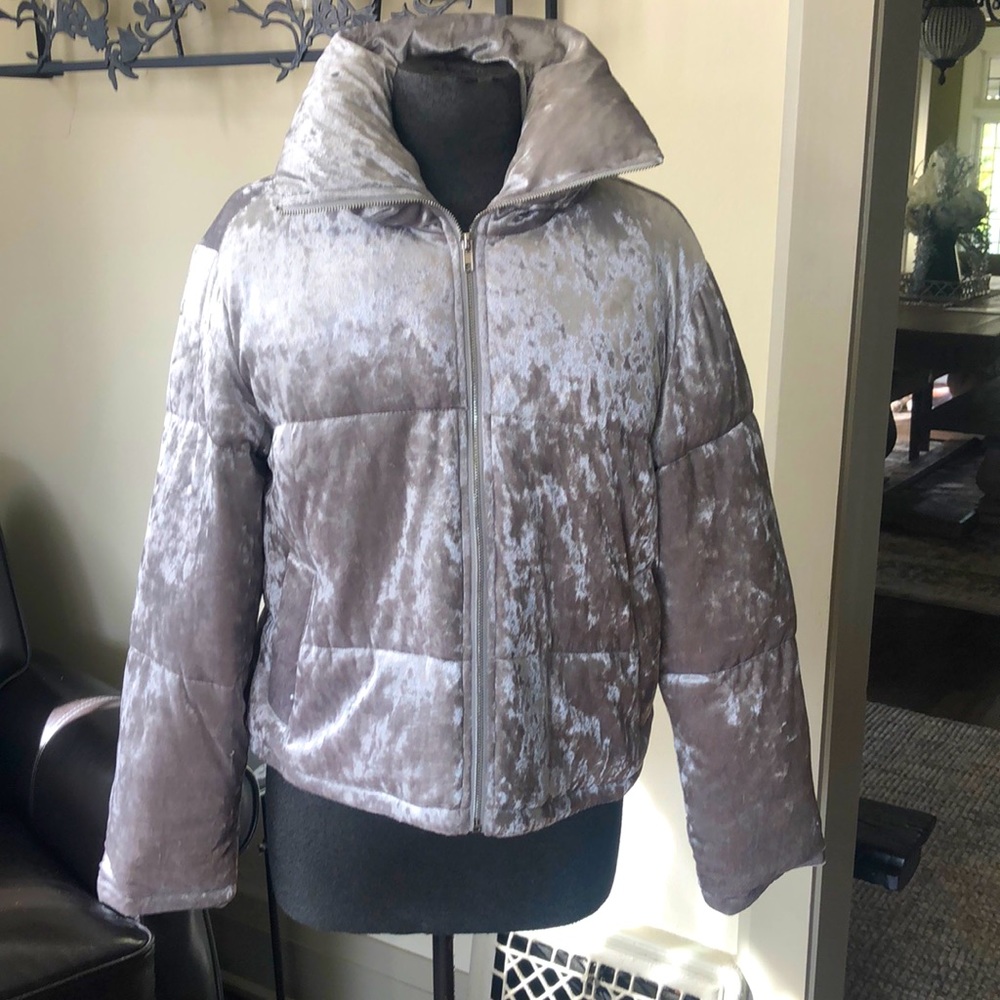 Forever 21 silver crushed velvet puffer coat